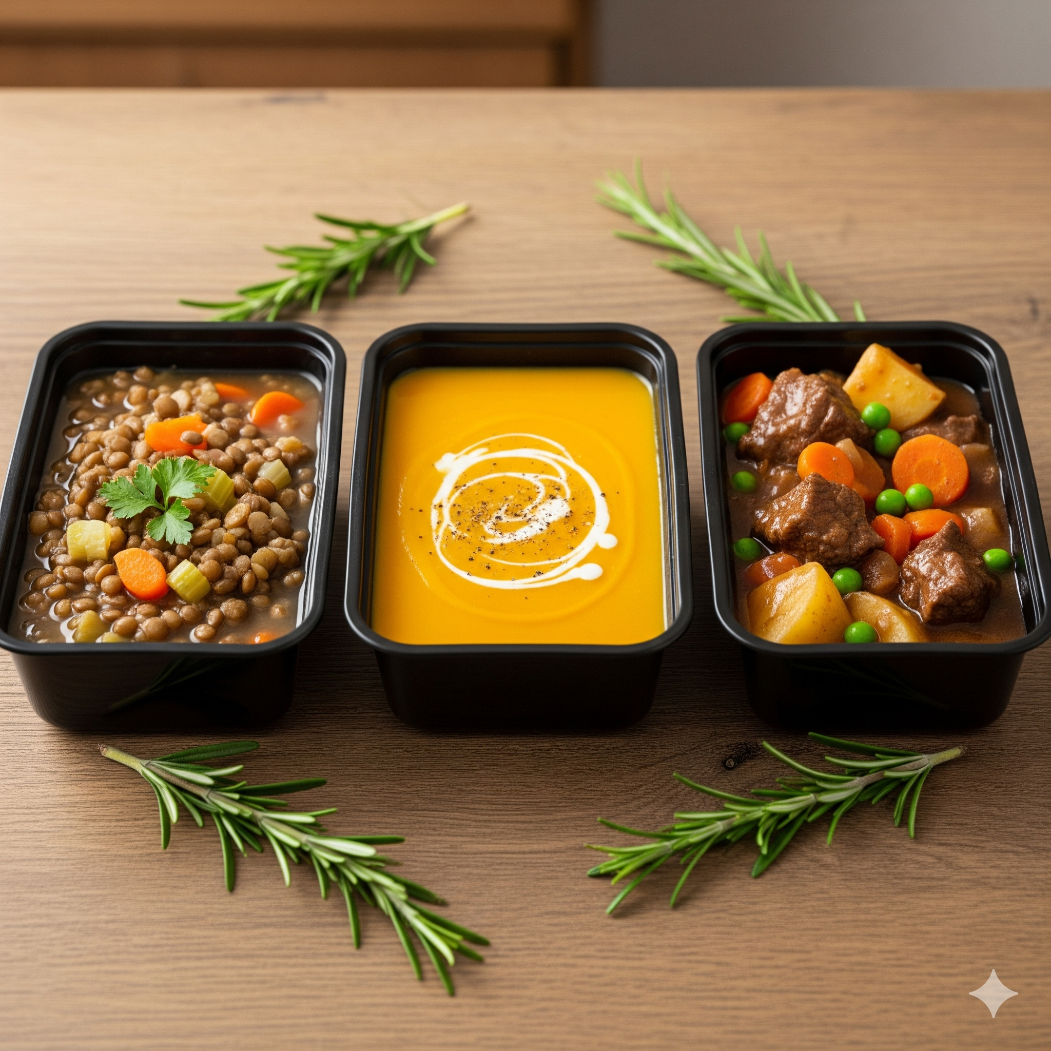 Meal prep containers with soups and stews